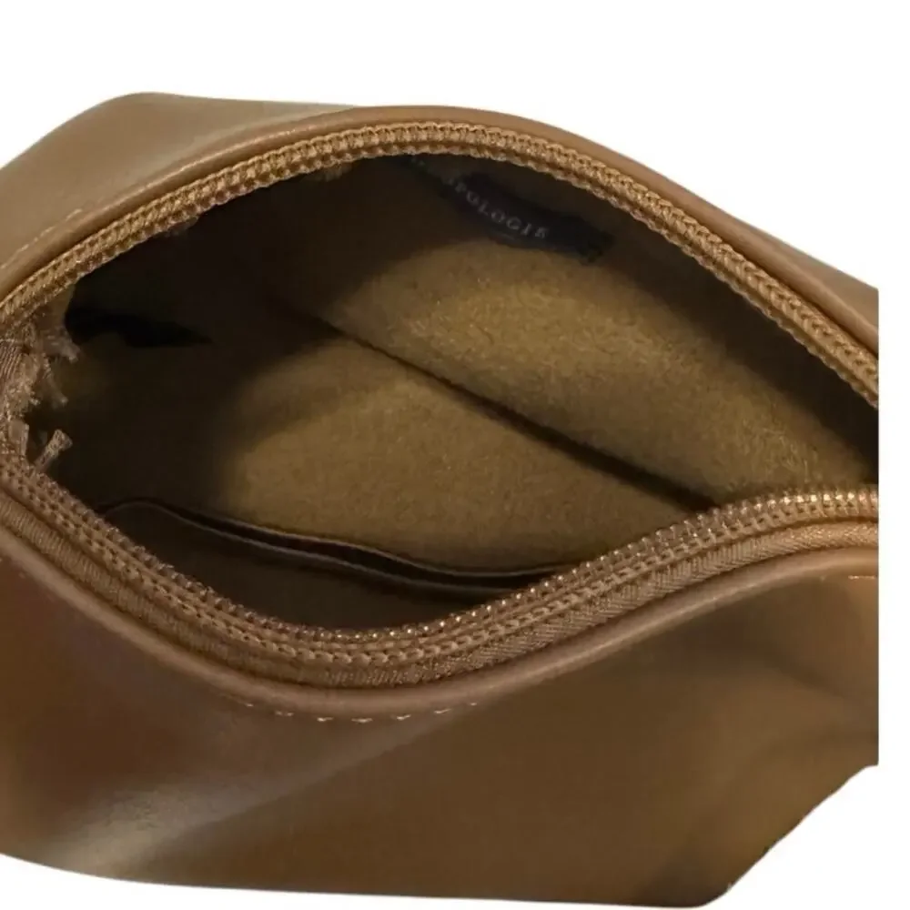 Anthropologie Women's Brown Solid Leather Classic Zip Cosmetic Pouch Bag